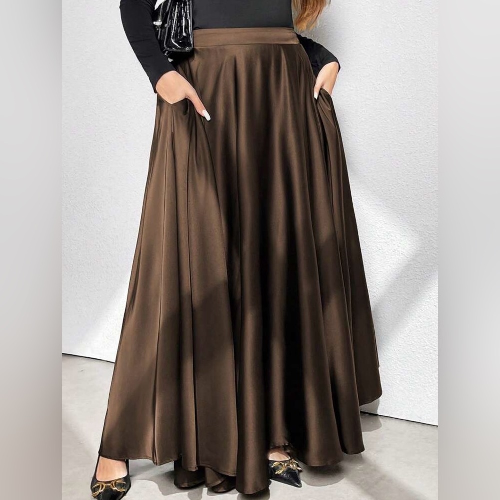 SHEIN Brown Pleated Maxi A-Line Skirt